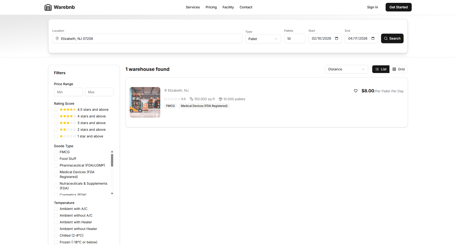 Warehouse search results and filters