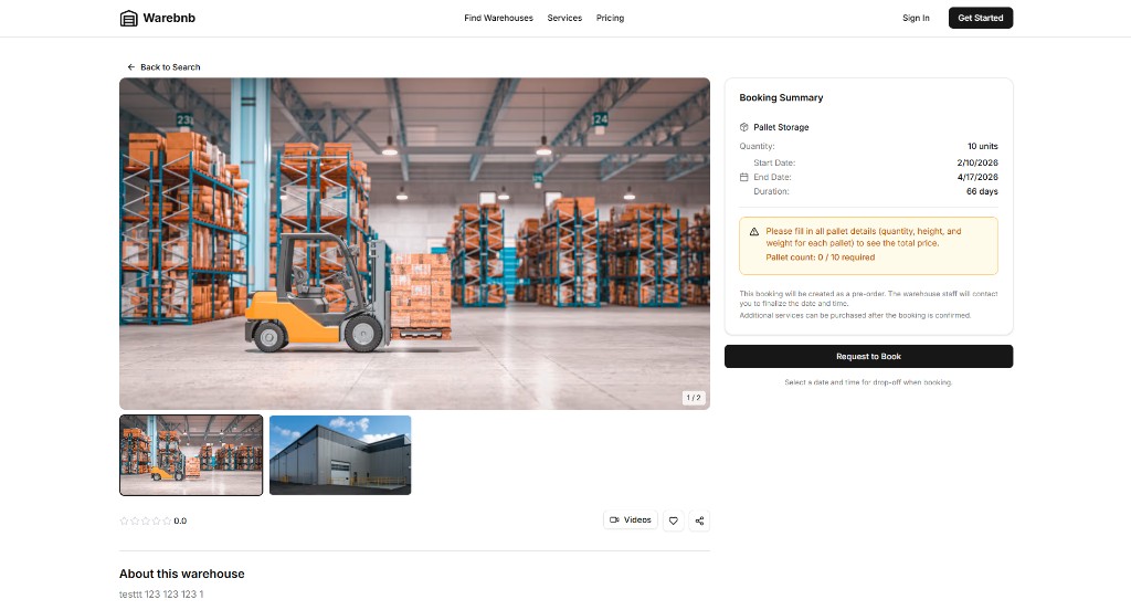 Warehouse detail and booking summary