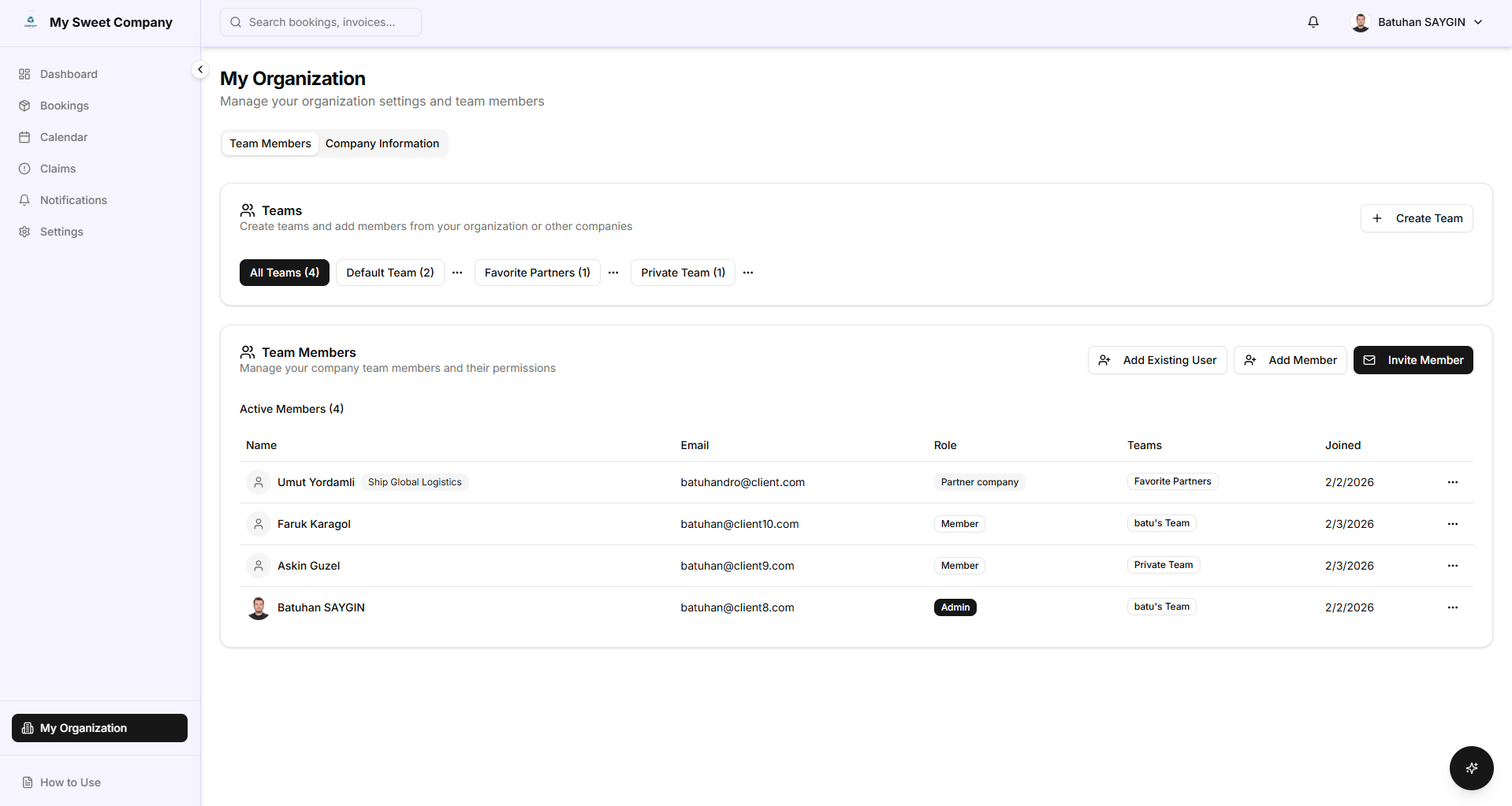 My Organization teams and members