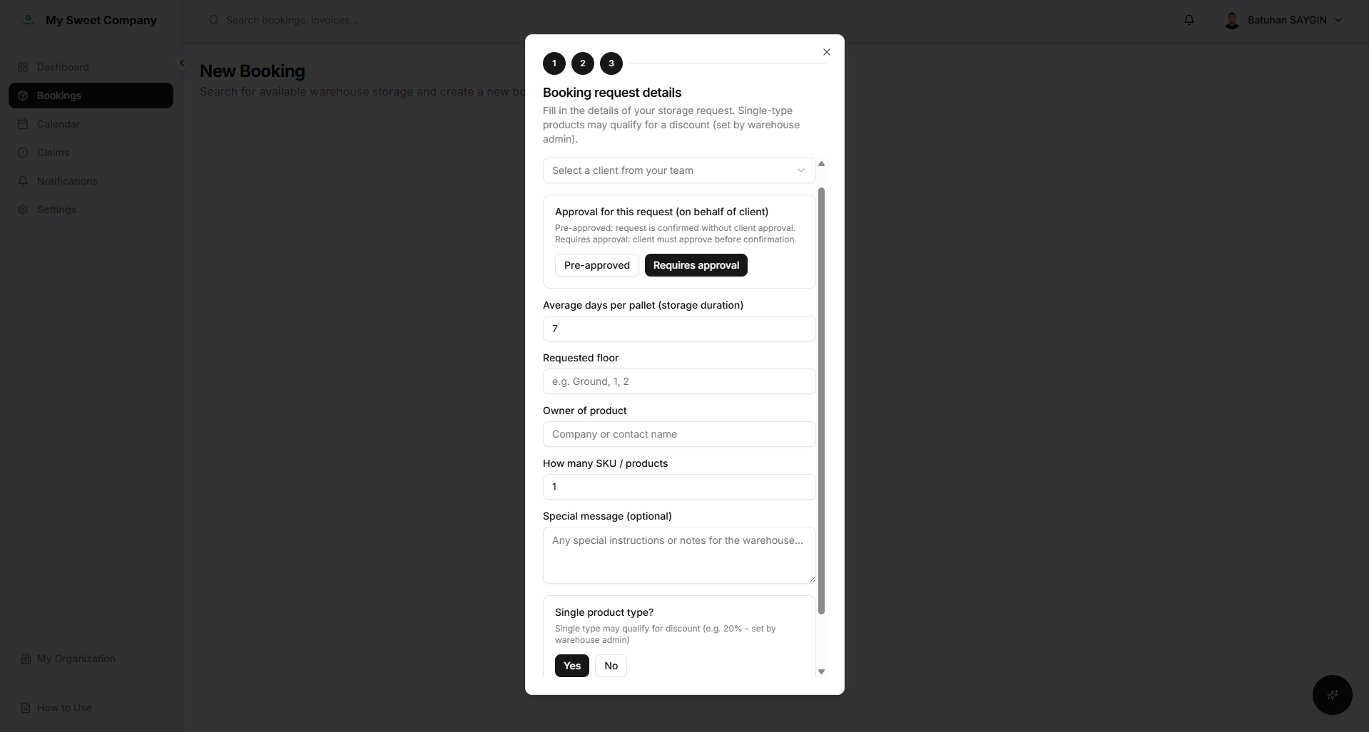 Booking request details form