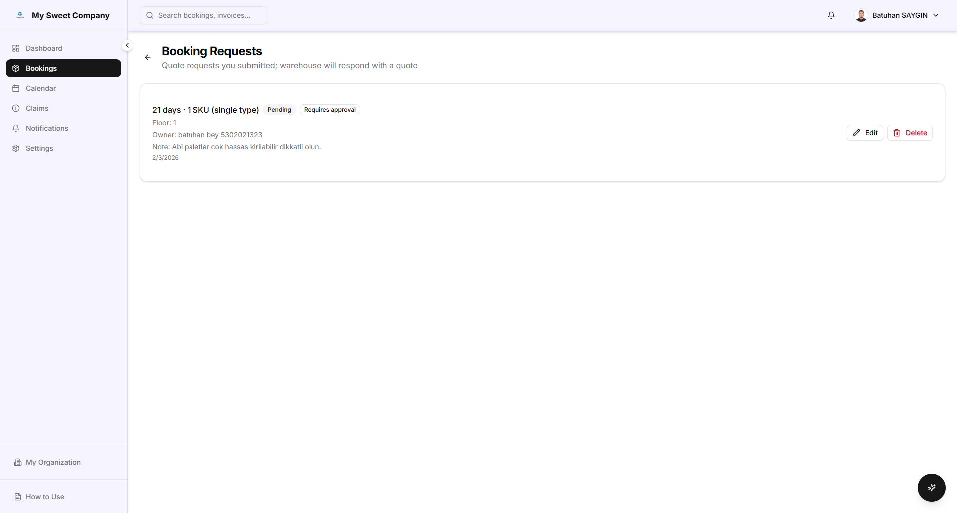 Booking Requests list