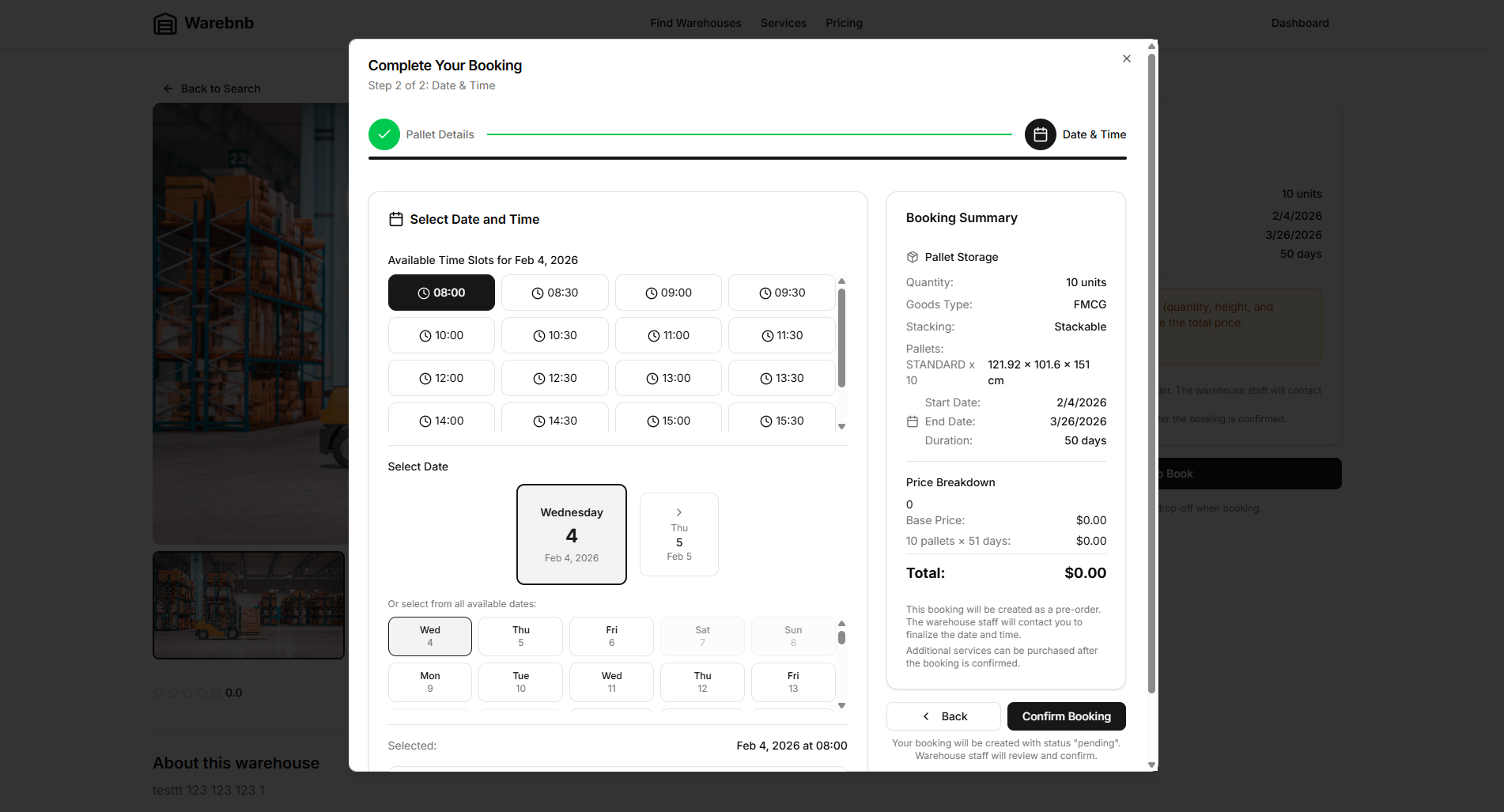 Complete booking date and time